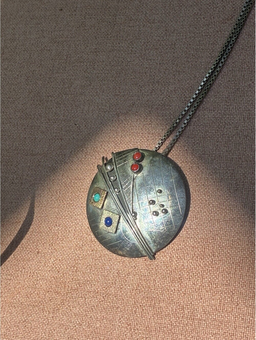 L.E. Nelson Signed Sterling Silver Modernist Abstract Pendant Necklace 20”